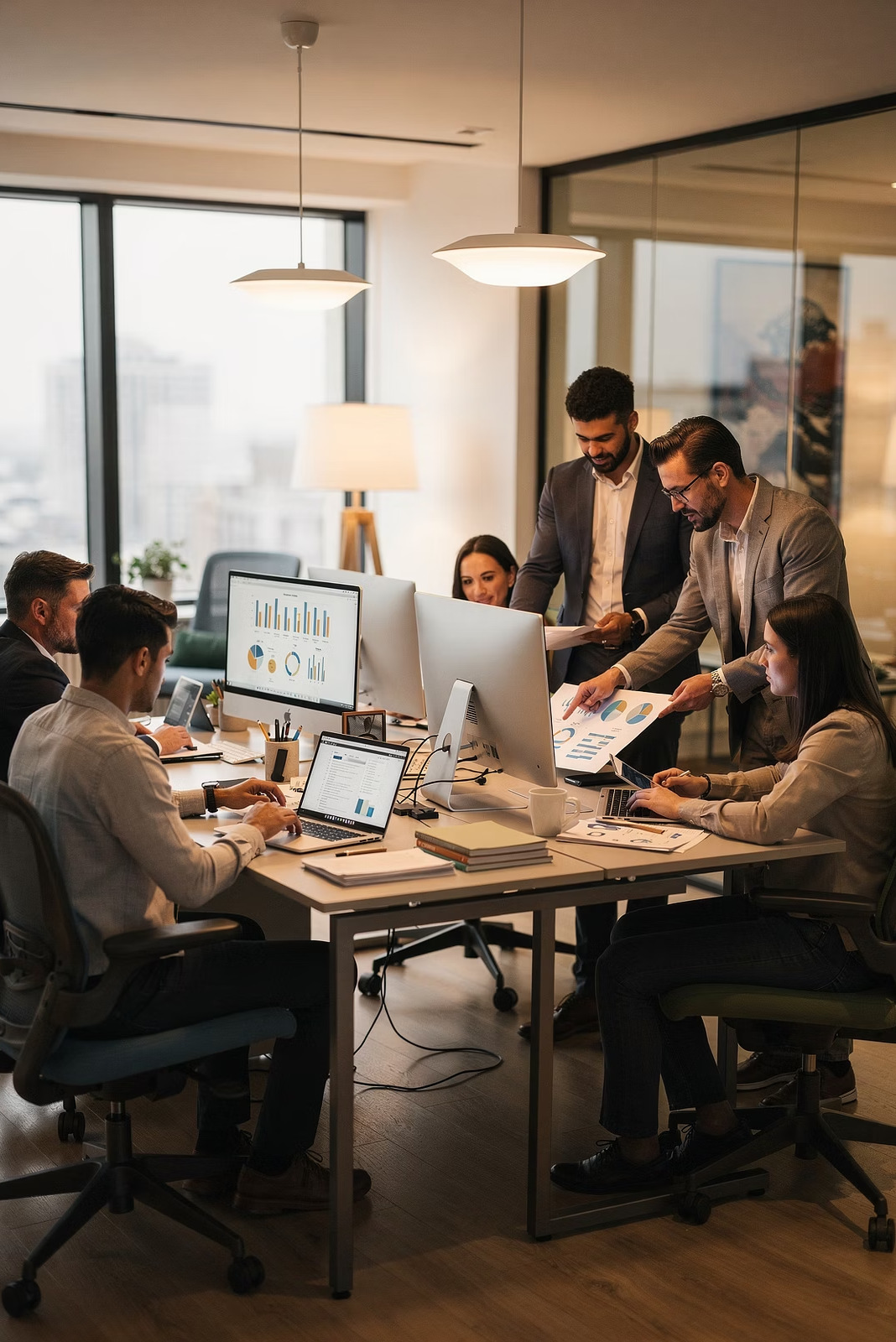Distributed engineering team collaborating in a modern office